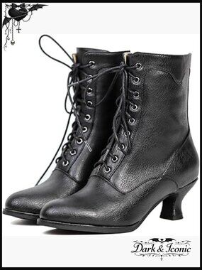 Victorian Ankle Boots Mid Calf Round Toe Chunky Heel Lace Up Detail
